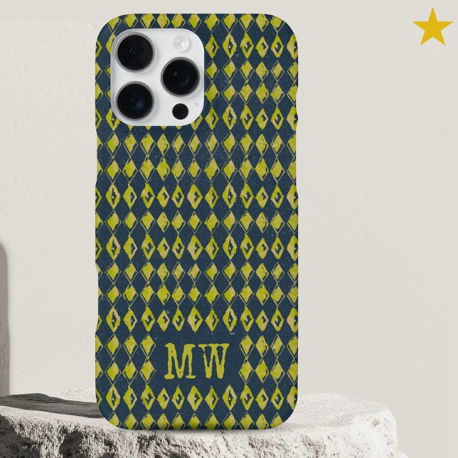 Navy Yellow Doodle Diamond Pattern Custom Monogram iPhone Hülle (Von Creator hochgeladen)