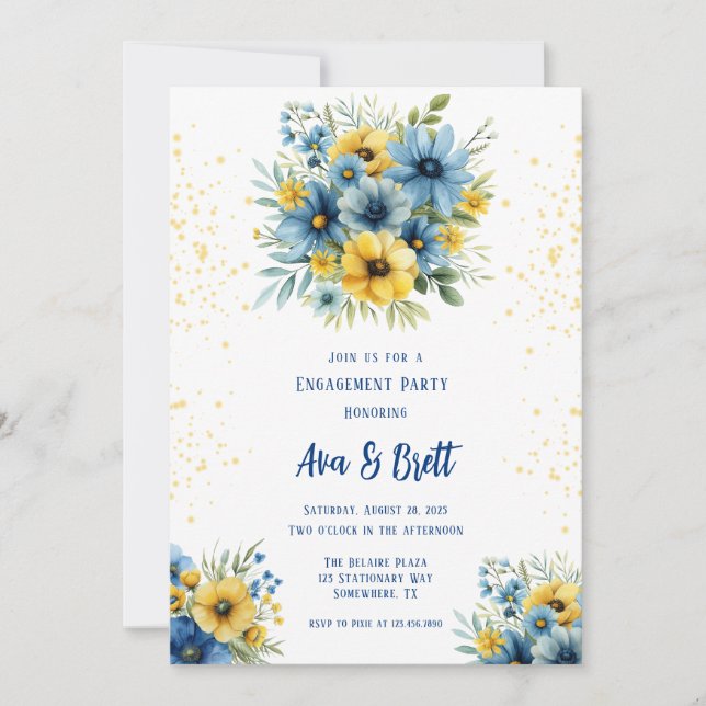 Navy Yellow Floral Gold Party Einladung (Vorderseite)