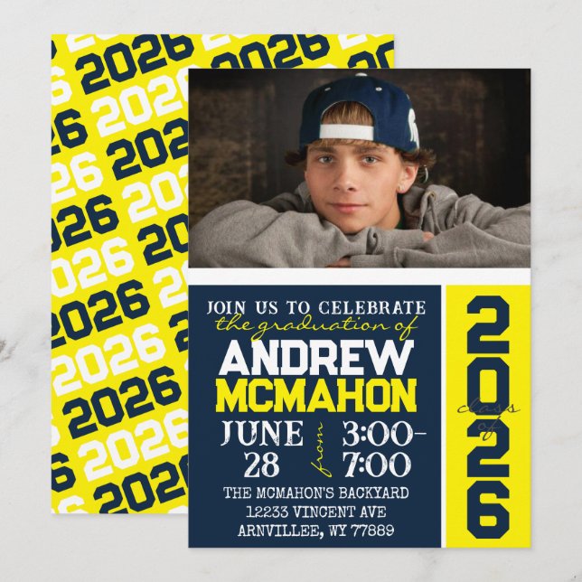 Navy & Yellow Modern Abschluss Foto Einladung (Vorne/Hinten)