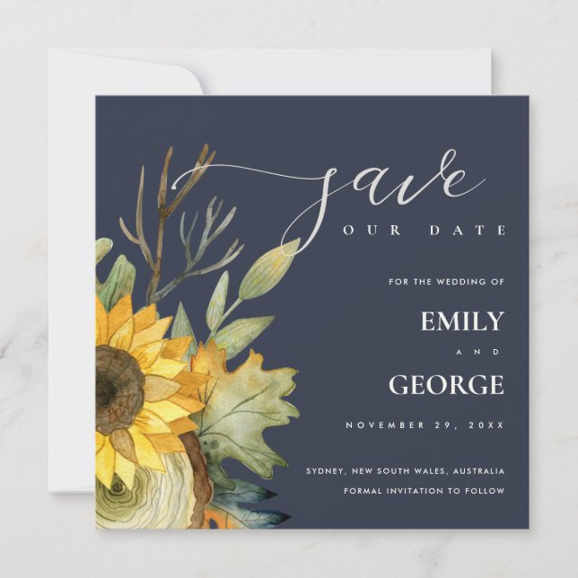 NAVY YELLOW SUNFLOWER FLORAL SAVE THE DATE CARD DANKESKARTE (Vorderseite)