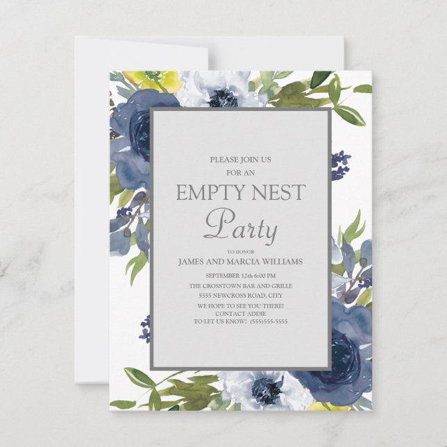 Navy Yellow White Floral Blätter Leere Nest Party Einladung (Vorderseite)