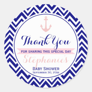 Navy Zickzack mit Baby Pink Nautical Baby Dusche Runder Aufkleber