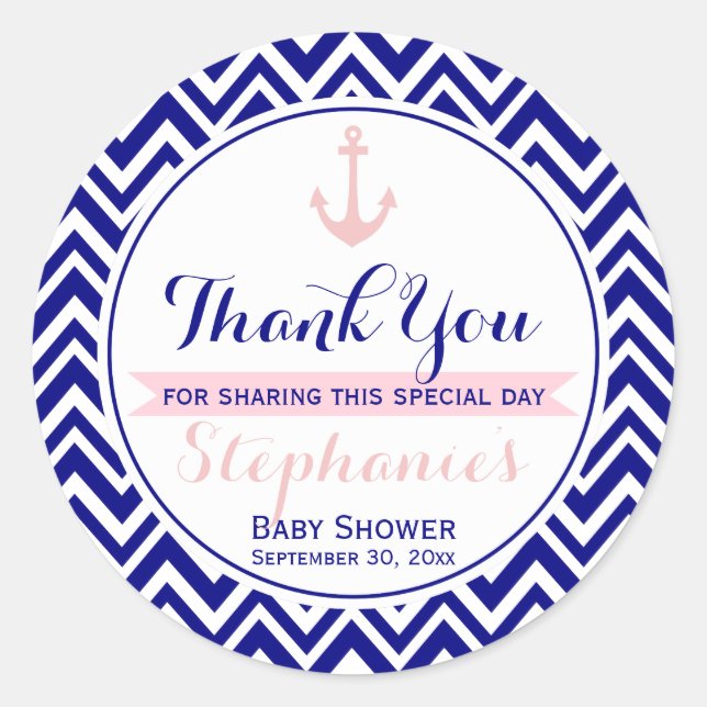 Navy Zickzack mit Baby Pink Nautical Baby Dusche Runder Aufkleber (Vorderseite)