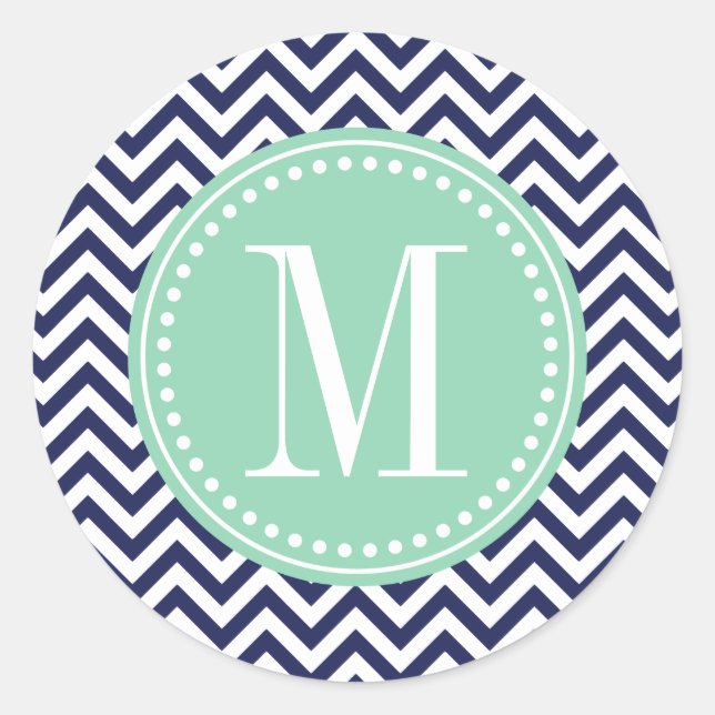 Navy Zickzack Zigzag Personalisiert Monogram Runder Aufkleber (Vorderseite)