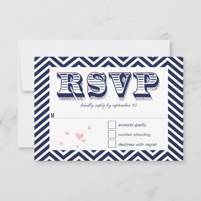 Navy Zig Zag Typografy Wedding RSVP Karte (Vorderseite)