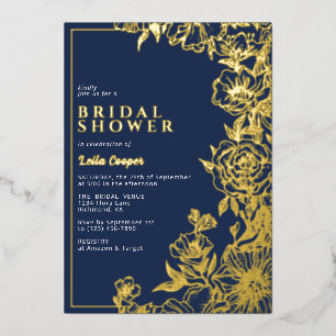 Navyblau & Gold   Elegante florale Hochzeitsdusche Folieneinladung