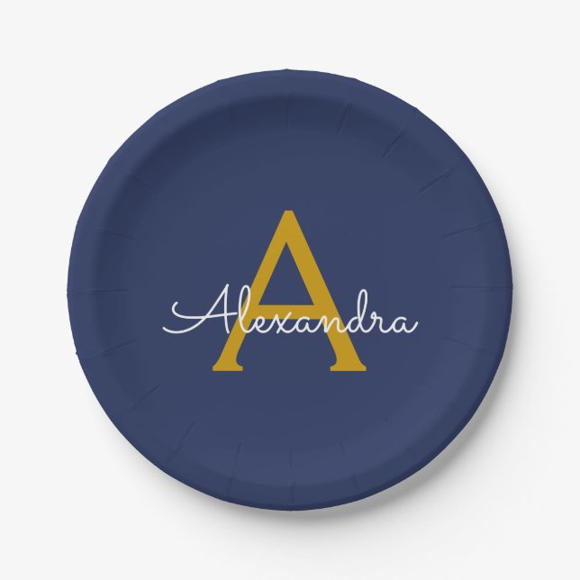 Navyblau Gold Feminines Schriftzug Monogramm Name  Pappteller (Vorderseite)
