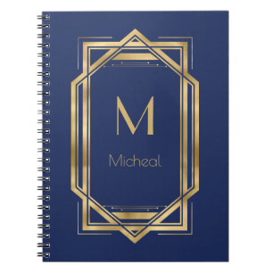 Navyblau & Gold geometrisch Monogramm & Name Notizblock