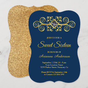 Navyblau Gold Schwung Diamant Sweet Sixteen Einladung