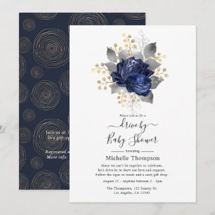 Navyblau, Gold und Silber Floral Drive-By-Shower Einladung