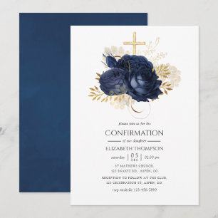 Navyblau & Gold Vintage Shabby Rosen Firmung Einladung