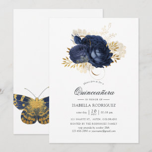 Navyblau & Gold Vintage Shabby Rosen Quinceañera Einladung