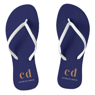 Navyblau-goldene Monogrammanfangsbuchstaben Name  Flip Flops