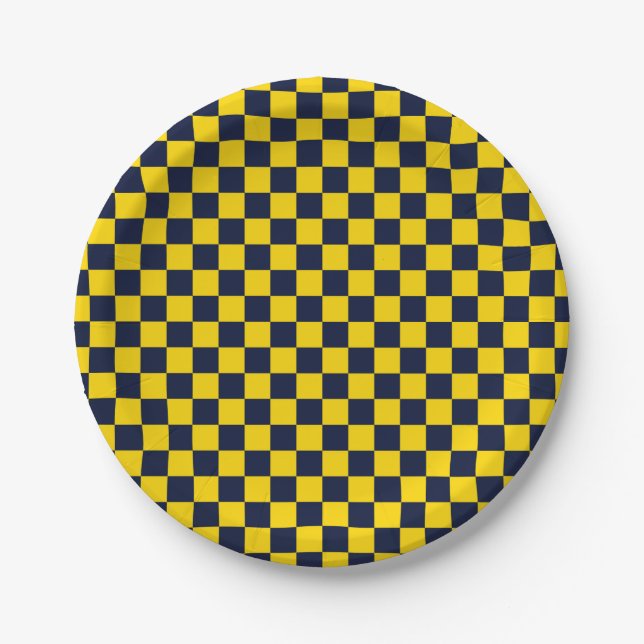 Navyblau-goldgelbe Schachbrettmuster Pappteller (Vorderseite)