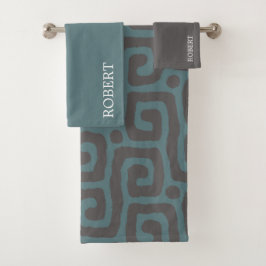Navyblau & Grau Abstrakte Monogramm Name  Badhandtuch Set