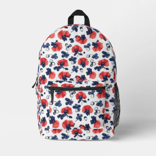 Navyblau & Korallen-Mohn-Blumen-Vintage Bedruckter Rucksack