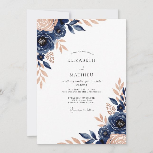 Navyblau Luxus Botanische Hochzeit Einladung (Vorderseite)