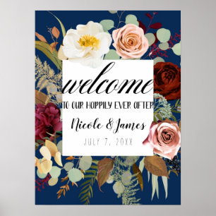 Navyblau Marsala Rosa Rustikale Blütenhochzeit Poster