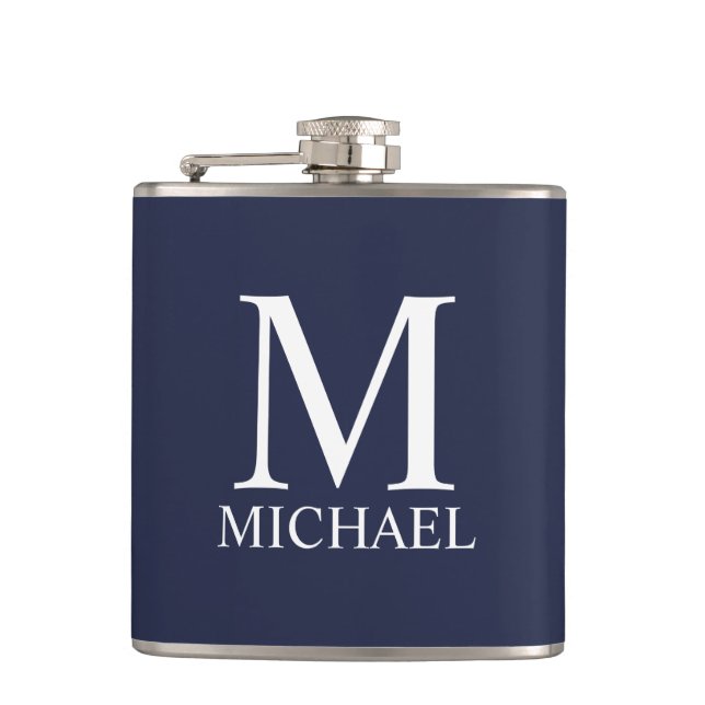 Navyblau personalisiertes Monogramm und Name Flachmann (Vorderseite)