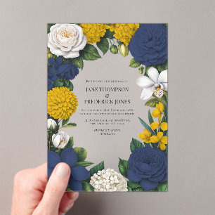 Navyblau, Senfgelb und weiße Blumen zur Hochzeit Acryleinladungen