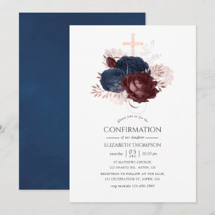 Navyblau und Bordeaux Blumen Konfirmation Einladung