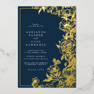 Navyblau und Gold Blumen   Klassische Hochzeit Folieneinladung