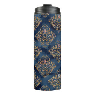 Navyblau und Gold Vintage-Damaskmuster Thermosbecher