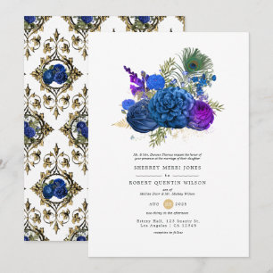 Navyblau und Gold Vintage Pfau Blumenhochzeit  Einladung