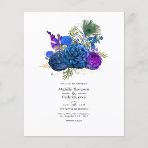 Navyblau und Gold Vintage Pfau Blumenhochzeit Flyer