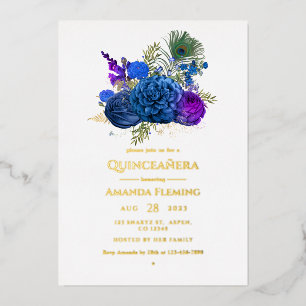 Navyblau und Gold Vintage-Pfau Quinceañera-Foi Folieneinladung