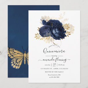 Navyblau und Gold Vintage-Rose Quinceañera Einladung
