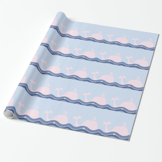Navyblau und rosa Wal Geschenkpapier (Ungerollt)