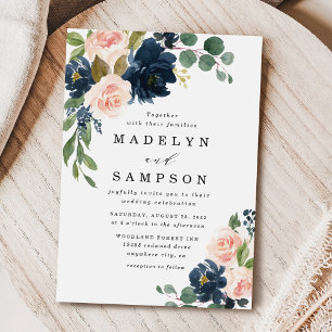 Navyblau und rosafarbenes florales Landhochzeit Einladung
