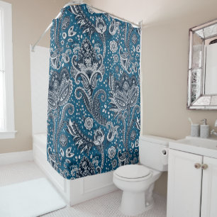 Navyblau und weiße florale Paisley bohemian Boho Duschvorhang