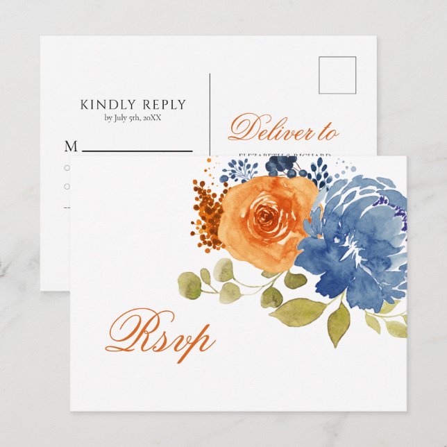 Navyblau & verbranntes Orange Postkarte (Vorne/Hinten)