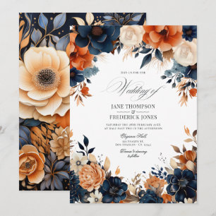 Navyblau, verbranntes Orange und Champagner Hochze Einladung