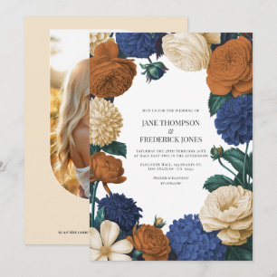 Navyblau, verbranntes Orange und Champagner Hochze Einladung