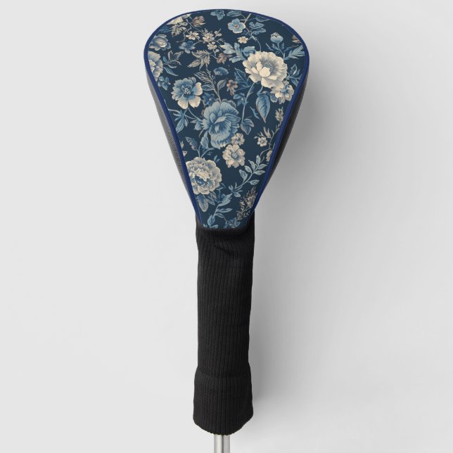 Navyblau vintage Blumen Botanik Muster Golf Headcover (Vorderseite)