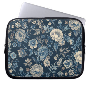 Navyblau vintage Blumen Botanik Muster Laptopschutzhülle