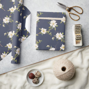 Navyblau Weiße Blumen Geschenkpapier