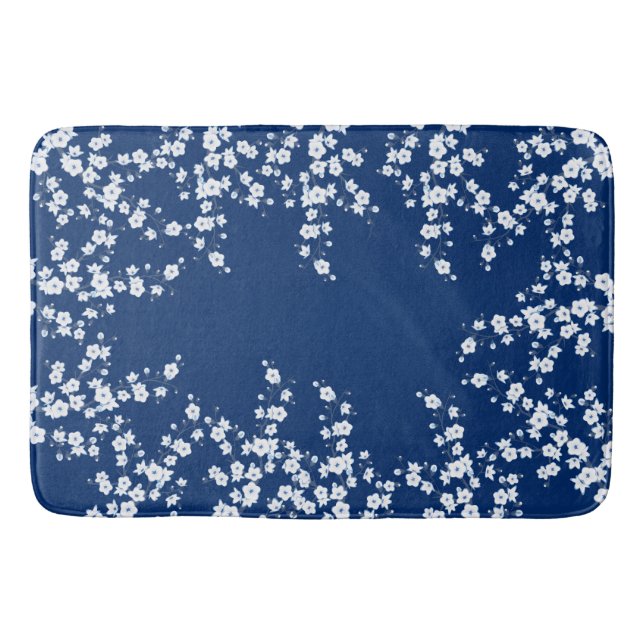 Navyblau Weiße Kirschblüte  Badematte (Vorderseite)