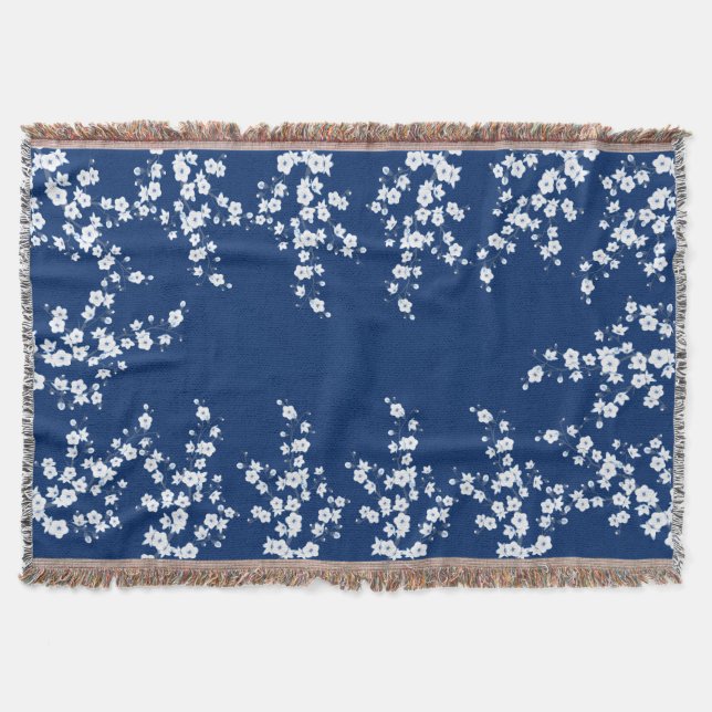 Navyblau Weiße Kirschblüte  Decke (Vorderseite)