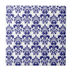 Navyblau, weißes vintage Damastmuster 2 Fliese