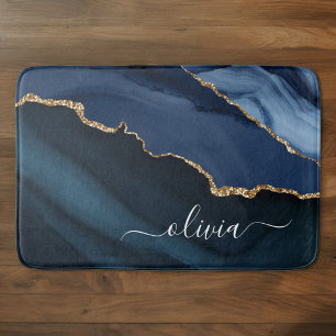 Navyblaue Achat-Geode Gold-Monogramm Badematte