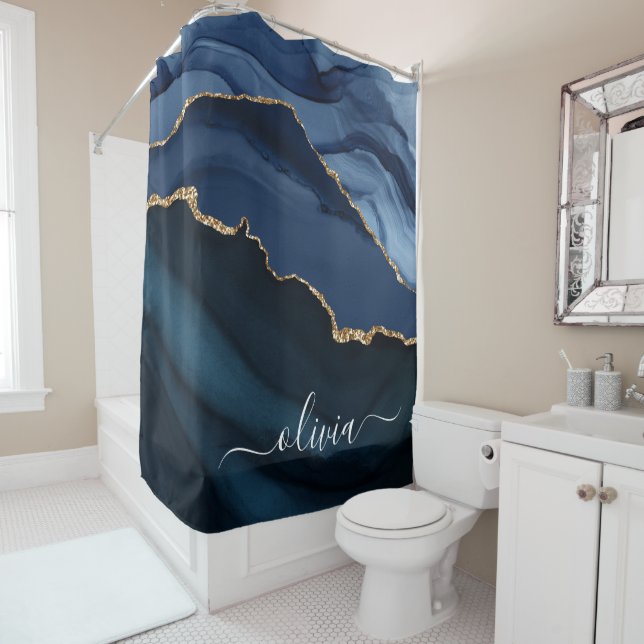 Navyblaue Achat-Geode Gold-Monogramm Duschvorhang (Beispiel)