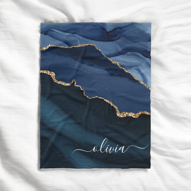 Navyblaue Achat-Geode Gold-Monogramm Fleecedecke (Von Creator hochgeladen)