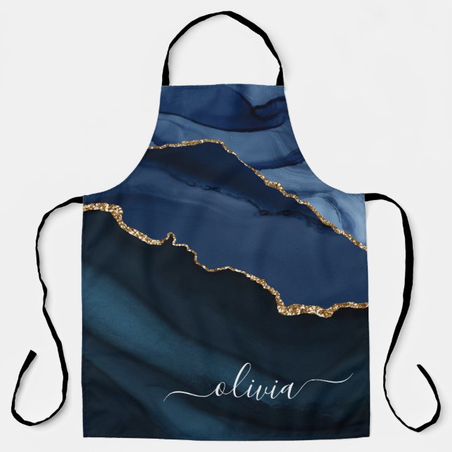 Navyblaue Achat-Geode Gold-Monogramm Schürze (Vorderseite)