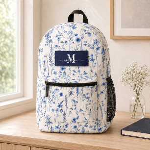 Navyblaue Aquarell-Wildblumen-Monogramm-Name Bedruckter Rucksack