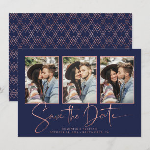 Navyblaue Art Deco Rose Gold Save-the-Date-Karte Save The Date