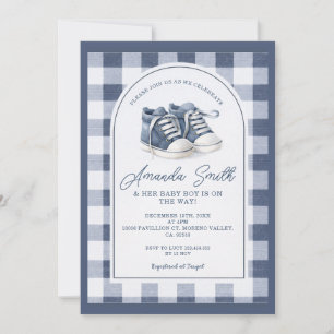 Navyblaue Babyschuhe Gingham-Baby-Party-Einladung, Einladung